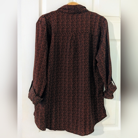 Chevron Print Blouse Roll Tab Sleeve Collared Button Down Tunic Top XXL NWT - Picture 2 of 8